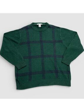 Geoffrey Beene Vintage Green Blue Tartan Plaid Cotton Crew Neck Sweater Men's XL